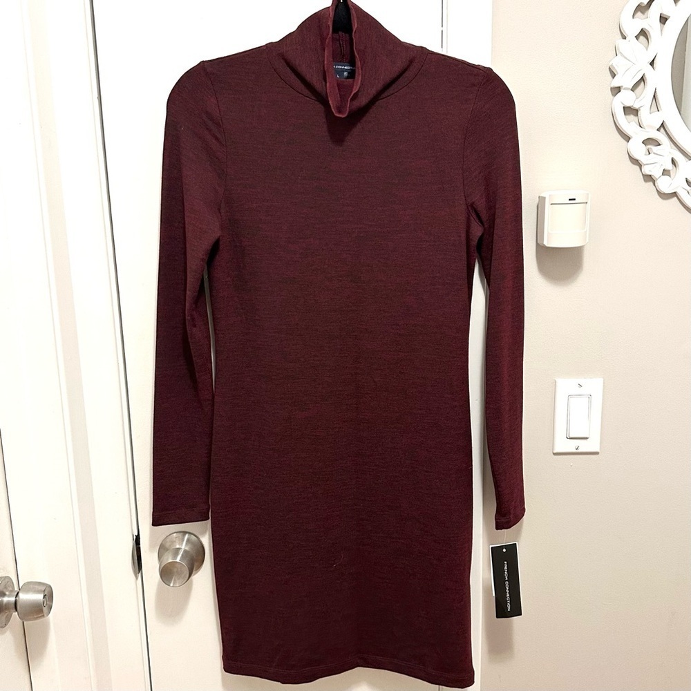 French Connection Maroon Red Turtleneck Knit Fitted Mini Dress L Stretch NWT